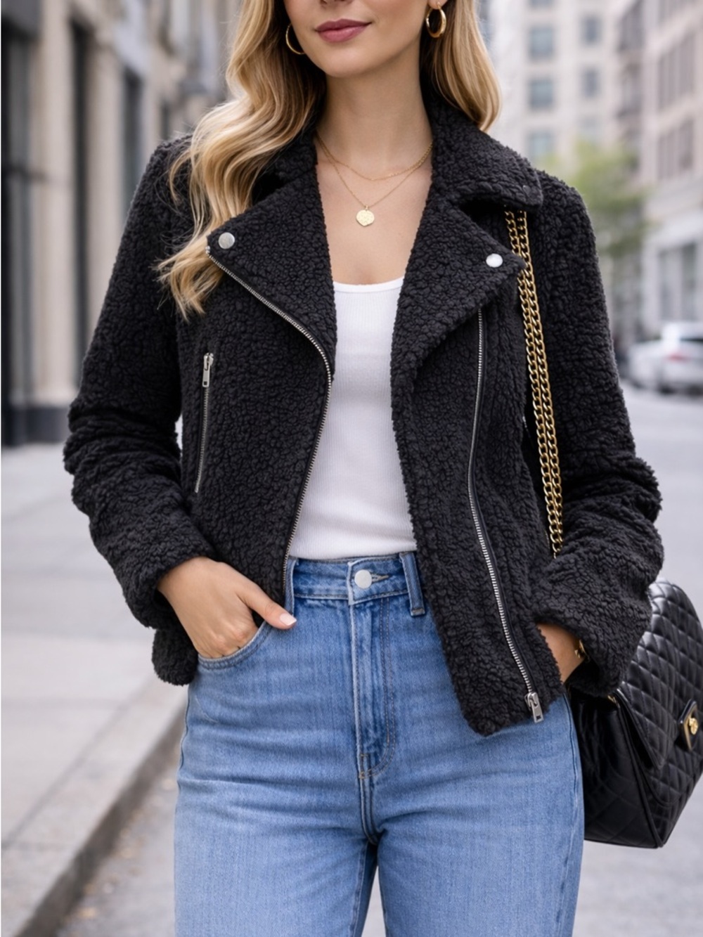 SAYLOR Reyna Jacket Black Sherpa Moto Sz Med‎ Biker Edgy Fall Winter Teddy